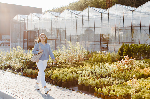 A young pretty woman walks down the street near the large greenhouses. A woman goes to buy green plants for decoration
