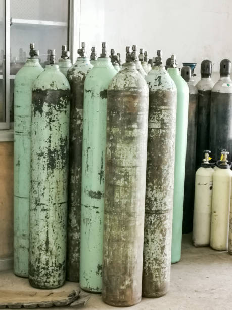 istock Oxygen and argon cylinders tank with compressed gas in the factory. 1425766200