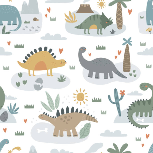 illustrazioni stock, clip art, cartoni animati e icone di tendenza di modello vettoriale senza cuciture con simpatici dinosauri su bianco - paleontologo