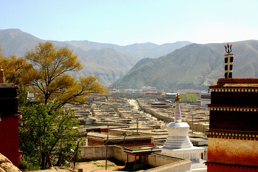 Labrang Monastery, one of the six famous Gelug (yellowhat) monasteries in the whole Tibetan area. It is located in Xiahe County in southern Gansu Province.