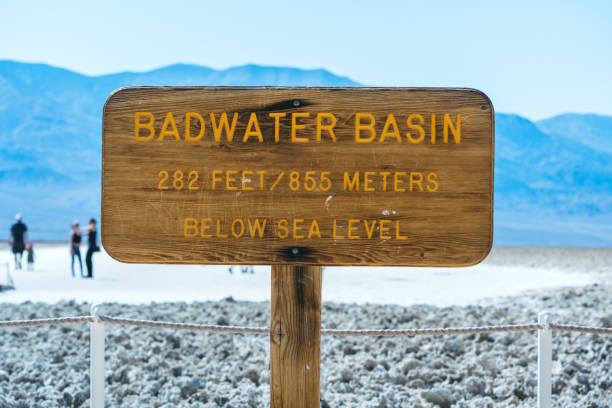 Close-up of a sign at the Badwater Basin at Death Valley National Park, California, USA. Seen a hot summer day.