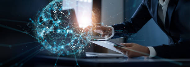 istock Businessman touching virtual Global business on internet network connection, Digital technology business, Social network, Innovation, Big data, Quantum computer technologies of futuristic. 1425769174