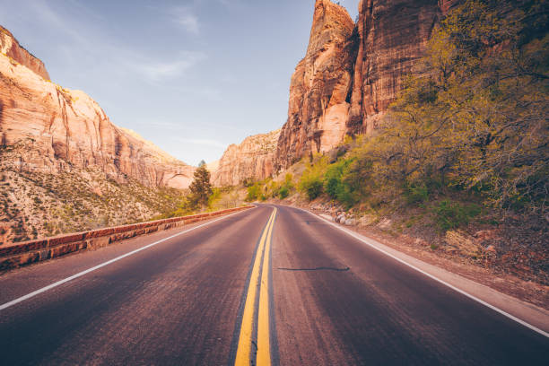 Aerial view overlooking a straight road in the Zion National Park at the Canyon Overlook. Seen a chill afternoon in the spring.