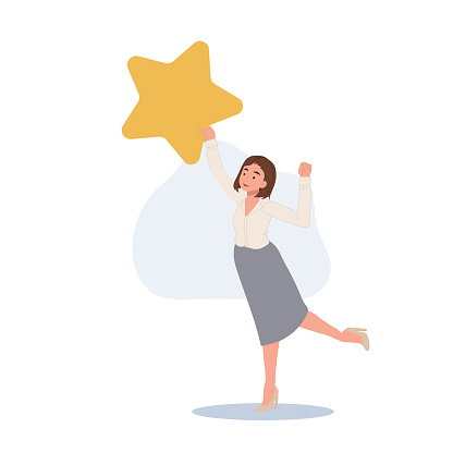 businesswoman jumps to reach out for the star and got it. Happy Businesswoman catched the star. Vector illustration.