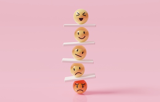 Emoji emoticons vertically arranging with seesaws, emotional control for career success and wellbeing concept, 3d render illustration.