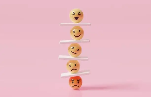 Photo of Emoji emoticons vertically arranging with seesaws, emotional control for career success and wellbeing concept, 3d render illustration.