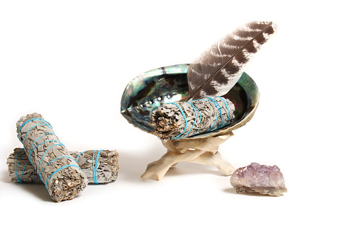 Abalone Shell With Sage Incense and Amethyst Stone For Cleansing and Purification Isolated on White Background