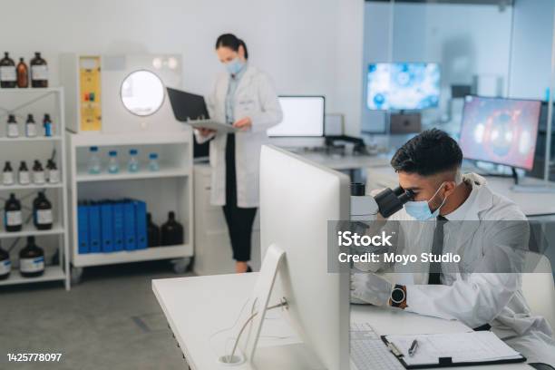 Laboratory Teamwork Covid Face Mask Or Microscope Research For Computer Medical Data Healthcare Innovation Or Insurance Medicine Man Woman Or Dna Scientists With Global Virus Vaccine Study Vision Stock Photo - Download Image Now
