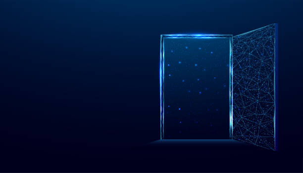 istock Open door to space, universe. Banner with glowing low poly door on dark blue background. Wireframe low poly design. Abstract futuristic vector illustration. 1425778338