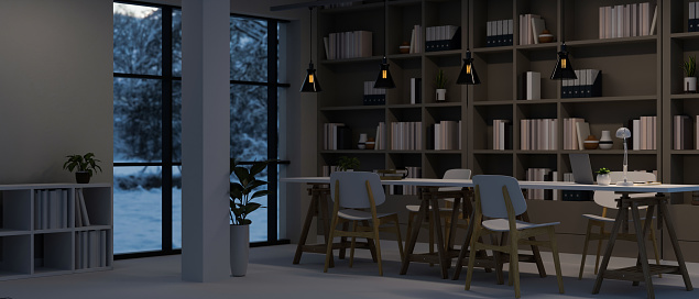 Modern office co-working space or reading space interior design with long meeting table, chairs, bookshelves, bookcase, and decor. 3d render, 3d illustration