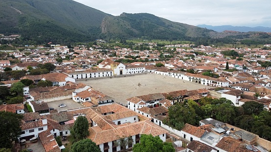 Drone aerial view of Villa de Leyva ,  Boyacá, Colombia. The colonial city with stone-paved streets and the Plaza Mayor the second largest square in South America