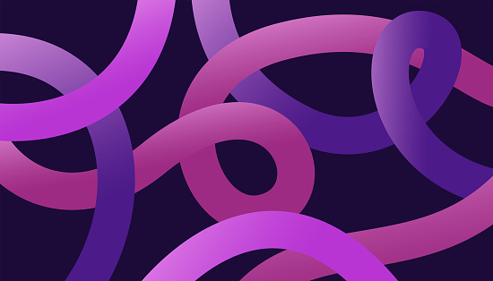 Violet tangled ribbons. Curved lines that intertwine and overlap on dark blue background.