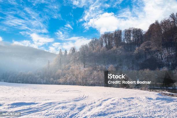 Glade In The Snow Near The Forest And Mountains In The Winter Season Winter View Stock Photo - Download Image Now