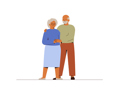 Elderly couple stand together and hold hand in hand. Senior man and woman support for each other. Self care concept for mature people. Vector illustration