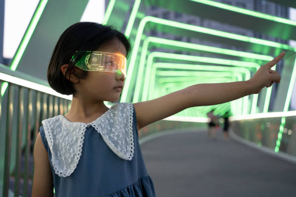 istock Virtual reality glowing glasses gaming experience for little girls 1425793242