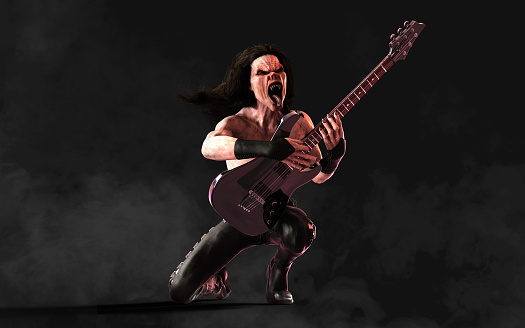 3d Illustration Devil pose and plays an electric guitar surrounded on dark background with clipping path.