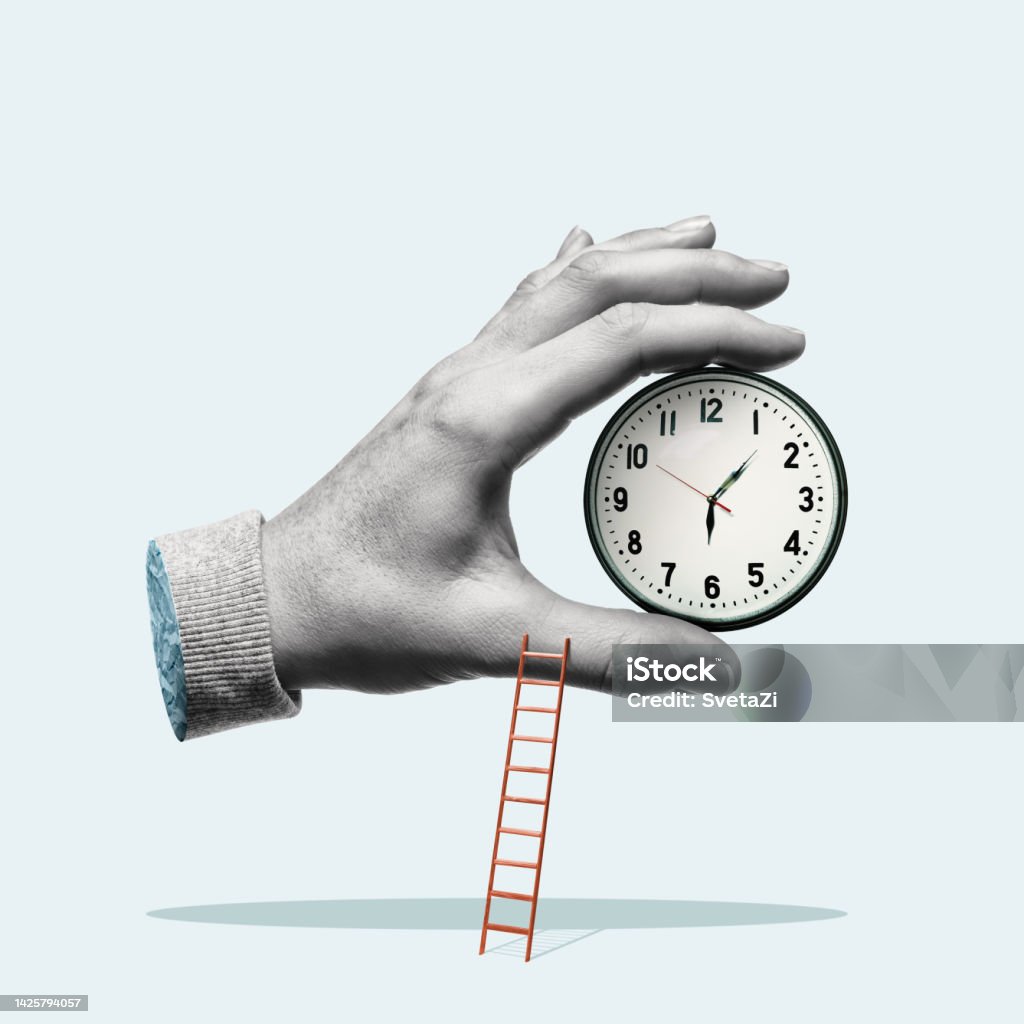 Concept of planning and deadline. The hand holds a clock, art collage. Clock Stock Photo