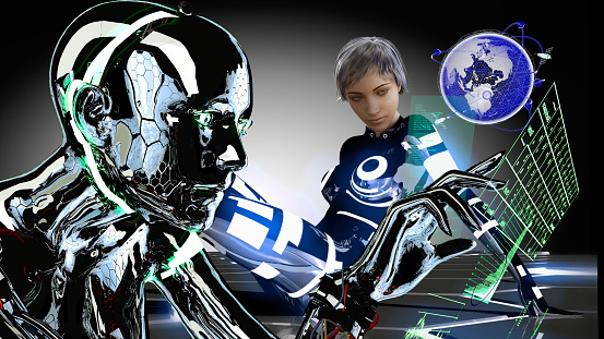 Robot and human collaborative research on a virtual world in the future. A metallic cyborg girl using a virtual computer keyboard in the future. / You can see the animation movie of this image from my iStock video portfolio. Video number: 1425329103