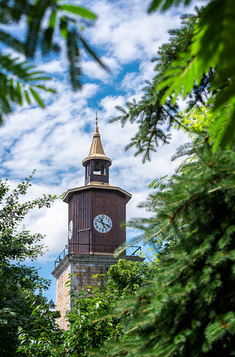 Clock tower in the park in Svishtov. Bulgaria, Europe.