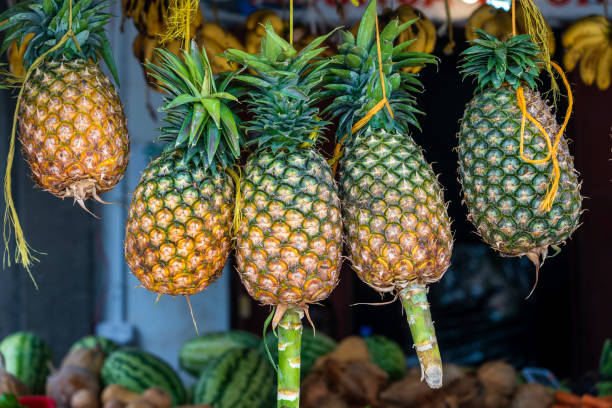 gli ananas crudi sono venduti in un mercato di cibo di strada locale sull'isola di zanzibar, tanzania, africa - africa agriculture zanzibar industry foto e immagini stock