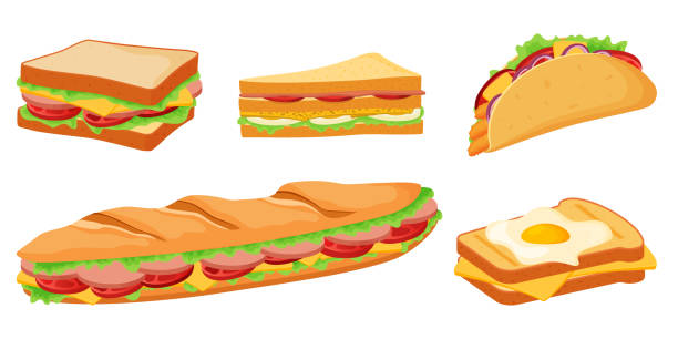 A set of sandwiches and toast.Juicy delicious sandwiches with bacon, cheese, sausage and vegetables.Vector illustration on a white background. A set of sandwiches and toast.Juicy delicious sandwiches with bacon, cheese, sausage and vegetables.Vector illustration on a white background. cheddar gorge stock illustrations