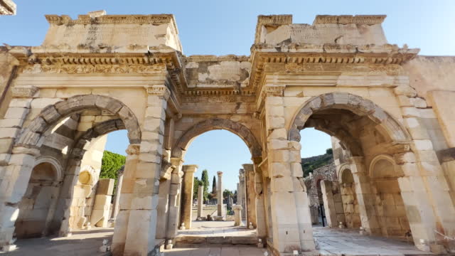 View of the ancient city of Ephesus, the ancient Roman city, Turkey's most popular tourism center, Celcius Library from the Ancient City of Ephesus, the Ancient Ruins in the Ancient City of Ephesus, the ruins of the ancient Greek city in Selcuk