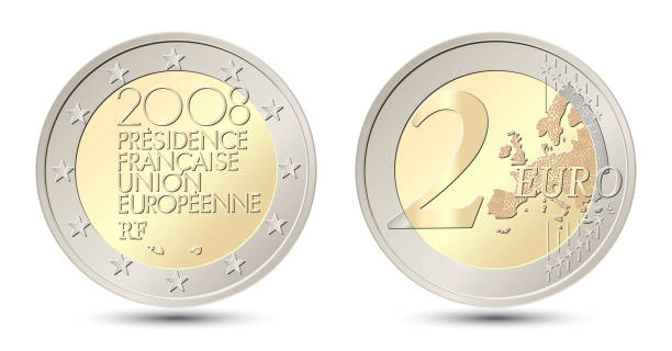 ilustrações de stock, clip art, desenhos animados e ícones de france. 2 euro coin. french presidency of the council of the european union. reverse and obverse of france two euro coin. vector illustration isolated on white background. - coin euro symbol european union currency gold