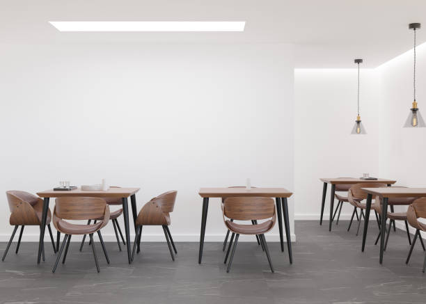 istock Empty white wall in modern cafe. Mock up restaurant interior in contemporary style. Free, copy space for your advertising banner, artwork, picture, text, or other design. Empty space. 3D rendering. 1425804627