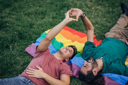 Male gay couple lying on gay flag in the park