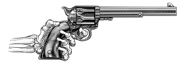 ilustraciones, imágenes clip art, dibujos animados e iconos de stock de skeleton hand western cowboy gun pistola xilografía - tattoo gun