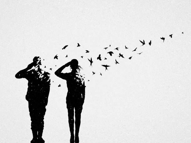 Soldiers salutes Death on battlefield. Afterlife. Flying birds flock female combat soldier stock illustrations