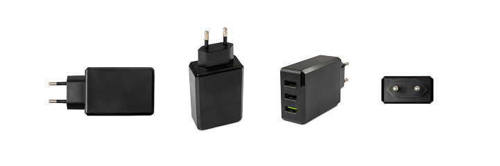Usb charger isolated. Black europlug, new smartphone AC power charging plug on white background