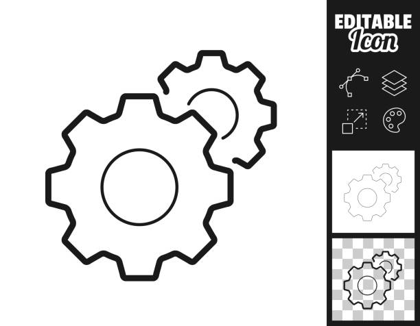 Settings - gears. Icon for design. Easily editable Icon of "Settings - gears" for your own design. Three icons with editable stroke included in the bundle: - One black icon on a white background. - One line icon with only a thin black outline in a line art style (you can adjust the stroke weight as you want). - One icon on a blank transparent background (for change background or texture). The layers are named to facilitate your customization. Vector Illustration (EPS file, well layered and grouped). Easy to edit, manipulate, resize or colorize. Vector and Jpeg file of different sizes. gears icon white stock illustrations