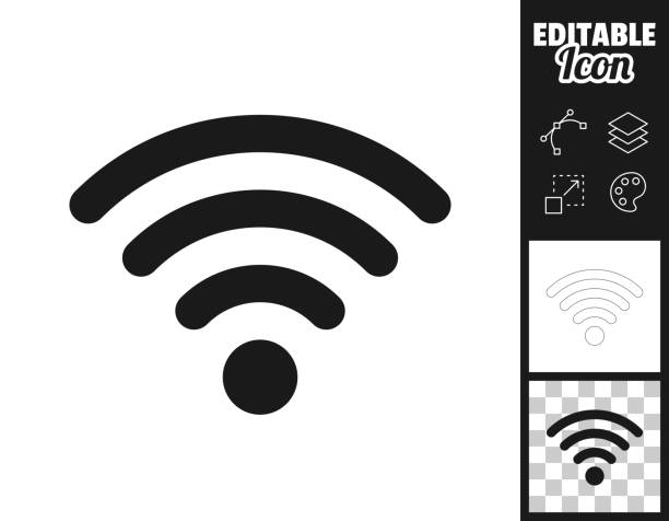 Wifi. Icon for design. Easily editable Icon of "Wifi" for your own design. Three icons with editable stroke included in the bundle: - One black icon on a white background. - One line icon with only a thin black outline in a line art style (you can adjust the stroke weight as you want). - One icon on a blank transparent background (for change background or texture). The layers are named to facilitate your customization. Vector Illustration (EPS file, well layered and grouped). Easy to edit, manipulate, resize or colorize. Vector and Jpeg file of different sizes. wireless technology stock illustrations