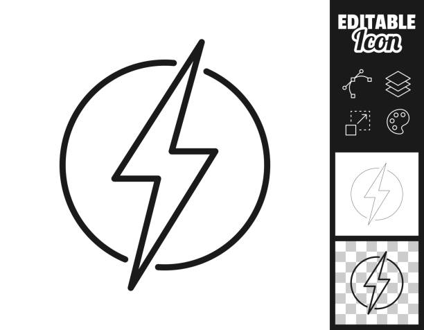 Power - lightning. Icon for design. Easily editable Icon of "Power - lightning" for your own design. Three icons with editable stroke included in the bundle: - One black icon on a white background. - One line icon with only a thin black outline in a line art style (you can adjust the stroke weight as you want). - One icon on a blank transparent background (for change background or texture). The layers are named to facilitate your customization. Vector Illustration (EPS file, well layered and grouped). Easy to edit, manipulate, resize or colorize. Vector and Jpeg file of different sizes. authority stock illustrations