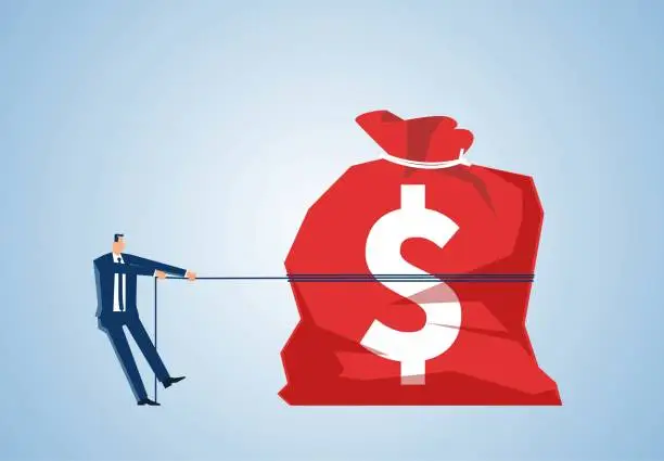 Vector illustration of Businessman pulling huge weight money bag, tax, debt, salary, allowance, business concept