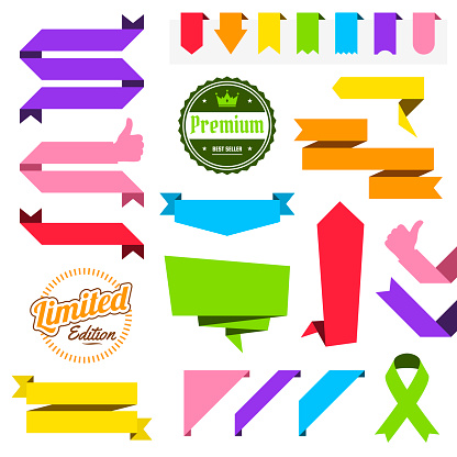 Set of Multicolored ribbons, banners, badges and labels (Red, orange, yellow, green, blue, purple, pink), isolated on a blank background. Elements for your design, with space for your text. Vector Illustration (EPS10, well layered and grouped). Easy to edit, manipulate, resize or colorize.