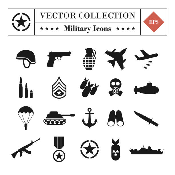 ilustraciones, imágenes clip art, dibujos animados e iconos de stock de conjunto de iconos vectoriales militares aislados - cuchillo arma