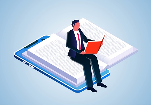 E-library, online courses, online reading, online education, isometric businessman sitting with open book on smartphone