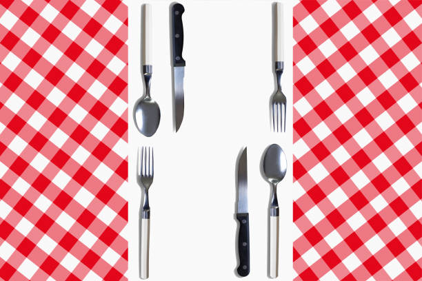 Table set  cutlery  Red and white checkered tablecloth