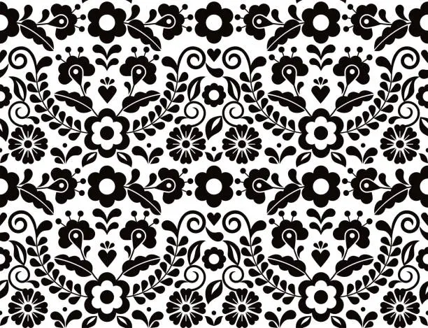 Vector illustration of Seamless vector pattern with Mexican floral morif, black and white textile or fabric print design inspired by traditional embroidery crafts from Mexico