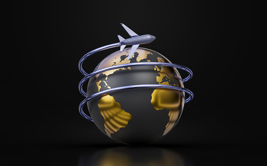globe sign with airplane on dark background 3d render concept for world tour and travels
