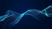 Abstract sound wave web banner. Artificial intelligence expressed by moving particles. 3D rendering.