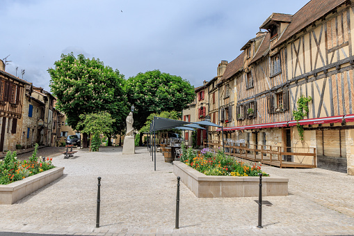 Bergerac France - April 28, 2022: View at the Old Statue of Cyrano in the streets of Bergerac Dordogne region in Southwest of France