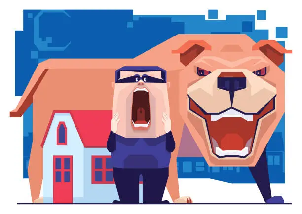 Vector illustration of burglar screaming in front of house and angry dog