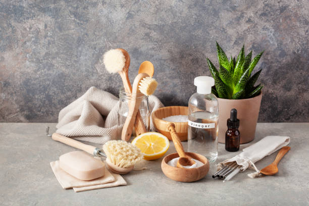 istock zero waste eco friendly cleaning concept. wooden brushes, lemon, baking soda, vinegar 1425825285