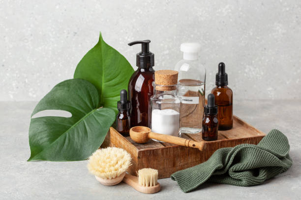 istock zero waste eco friendly cleaning concept. wooden brushes, baking soda, vinegar 1425825354