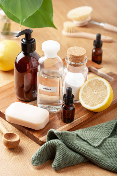 istock zero waste eco friendly cleaning concept. wooden brushes, baking soda, vinegar 1425825374