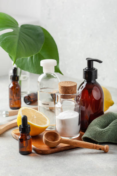 istock zero waste eco friendly cleaning concept. wooden brushes, baking soda, vinegar 1425825389