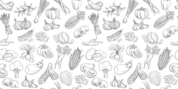 Seamless background pattern of organic farm fresh fruits and vegetables vector art illustration